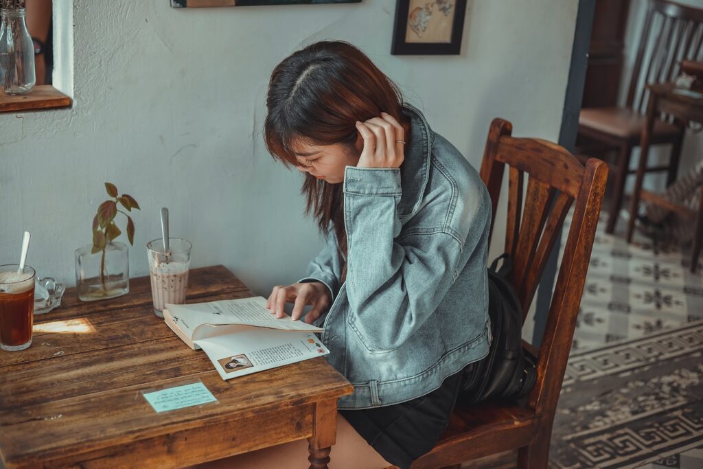 cafe, girl, book